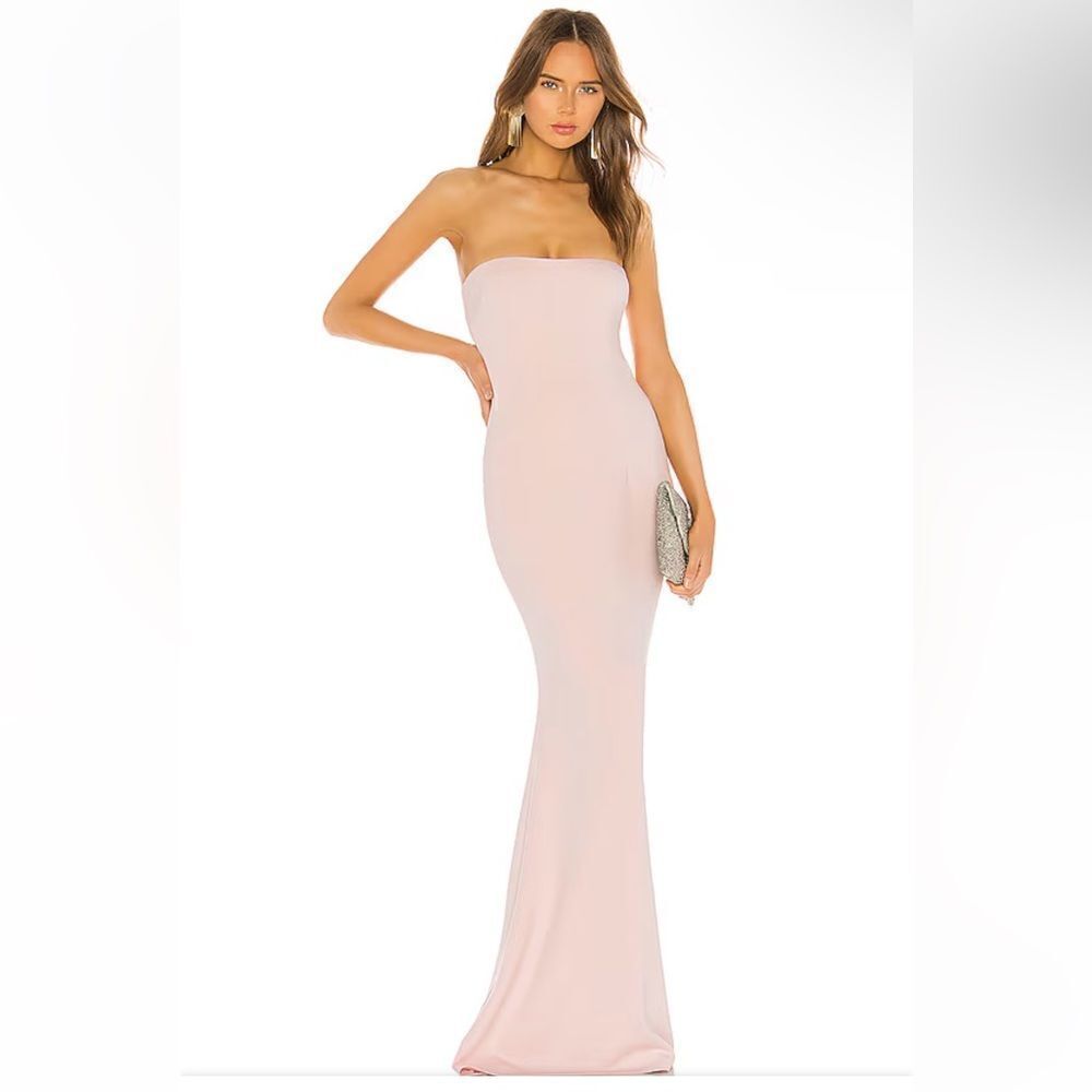 Katie May Mary Kate Gown Blush pink maxi strapless cowl open back Revolve M
